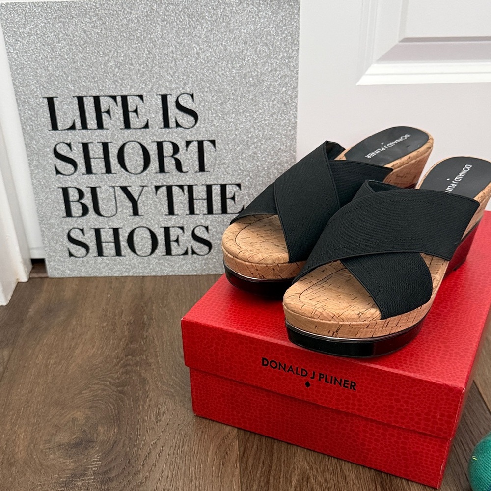 Donald J. Pliner Black Cork Wedge Slides